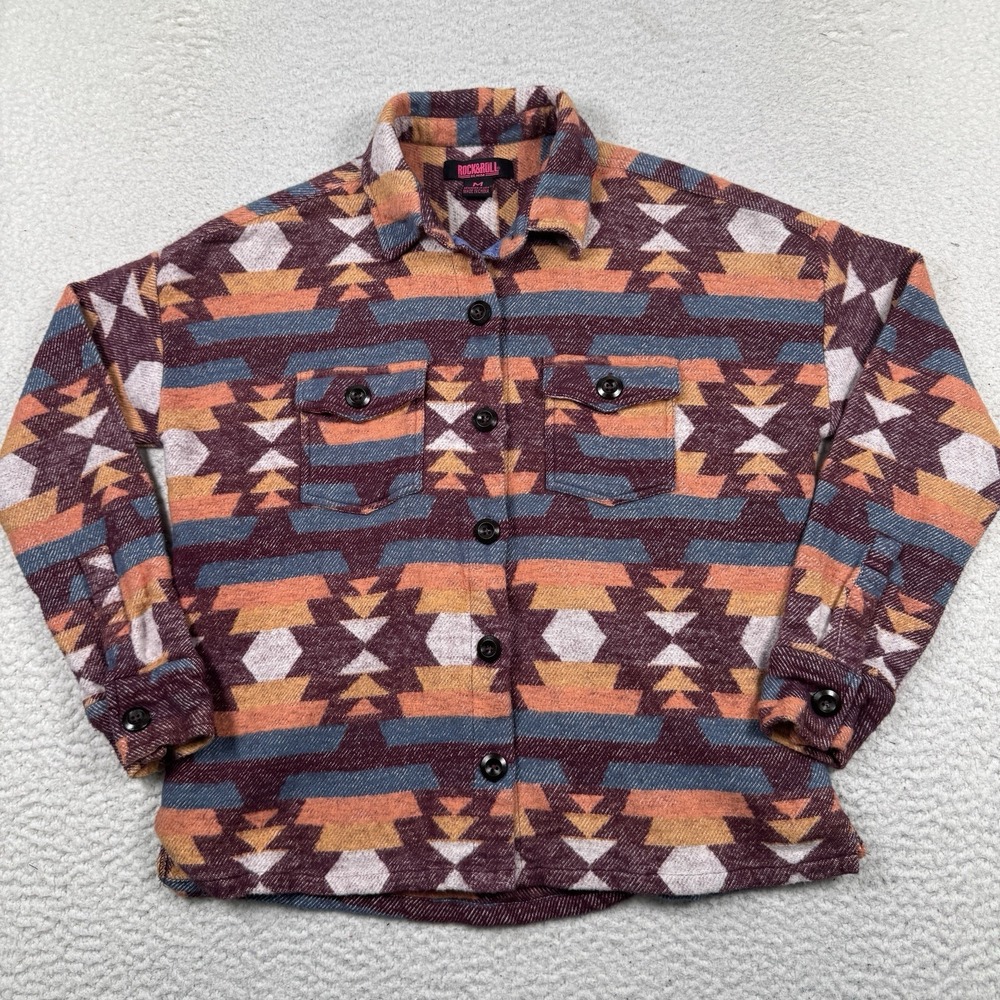 Rock & Roll Denim Shirt Jacket Women's M Aztec Southwest Western Button Shacket